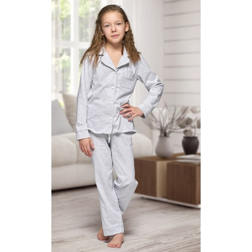 Child Grey Cotton Piped Long Pjs