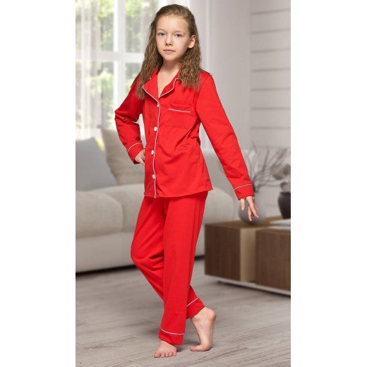 Child Red Cotton Piped Long Pjs