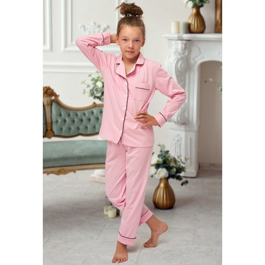 Child Pink Cotton Piped Long Pjs